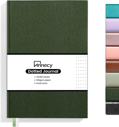 Annecy Numbered Bullet Dotted Journal Notebook, Medium 5.5x 8.25, 160 Pages 100GSM Writing Paper, A5 Deep Green Faux Leather Cover with Pen Loop