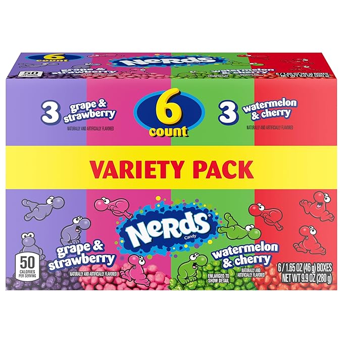 NERDS Candy, Dual Variety Pack, Grape & Strawberry, Watermelon & Cherry, Crunchy Fruity Chews, 9.9 oz (Pack of 6)