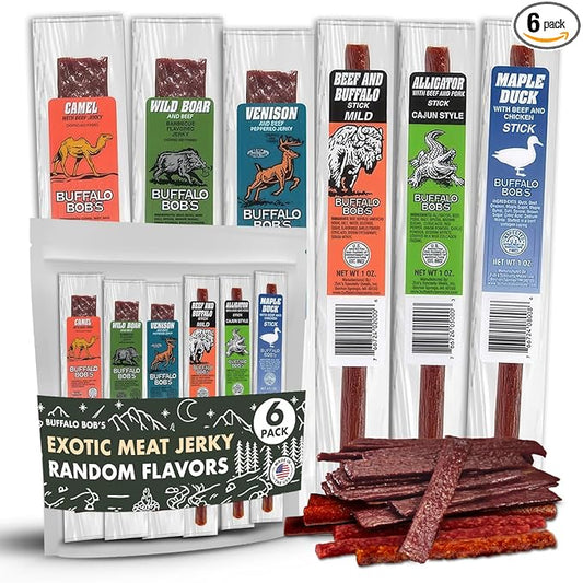 Buffalo Bob's Wild Game Meat Snacks (6 Pack) | Exotic Snack Sampler Box | Gift Baskets for Men | Beef Jerky Gifts | Dad Snack | Random Gifts for Men | Jerky Gift Set | Random Pack