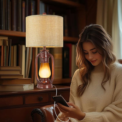 26'' Miner Table Lamps Set of 2 for Bedroom, Rustic Bedside Lamps with Nightlight, Farmhouse Lantern Nightstand Lamps with USB A+C Ports, Decor for Living Room, Study, Home Office (Bulb Included)