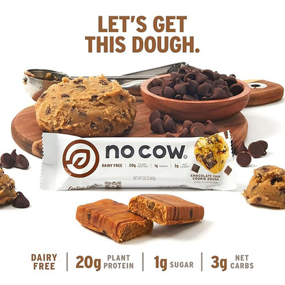 No Cow Vegan Protein Bars, Upgraded Chocolate Chip Cookie Dough | 20g Plant Based Protein, Gluten Free, Dairy Free, Soy Free, Keto Friendly, Low Sugar, High Fiber Snack Bars | Pack of 12