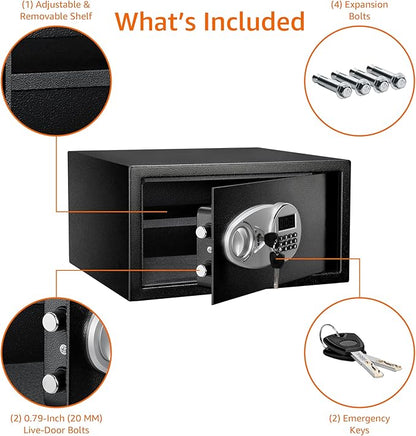 Amazon Basics Steel Security Safe and Lock Box with Programmable Electronic Keypad, for Valuables, Cash, Jewelry, Documents, Black, 1 Cubic Foot, 16.9-x-14.6-x-9.1-inches (WxDxH)