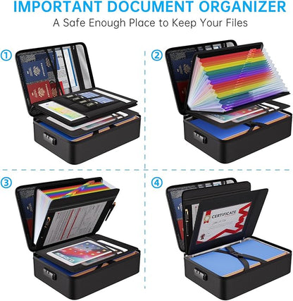 ENGPOW Fireproof Document Box with Lock, 5200℉ Soft Case Fireproof Box with 25 Colorful Pocket Accordion File Folder, Fireproof Water Resistant Safe File Organizer Storage for Important Documents