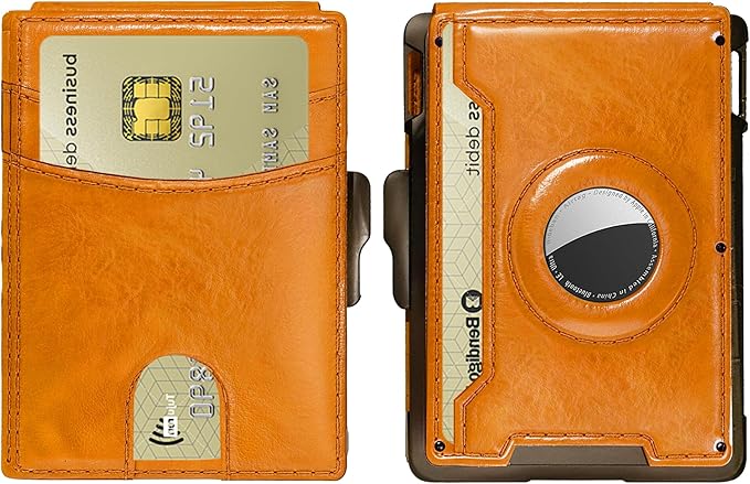 Compatible with Air Tag Wallet for Men, RFID Blocking Slim Minimalist Bifold Wallet with Pop Up Aluminum Card Case, Leather Credit Card Holder with Money Clip & ID Window, Holds 9–12 Cards, (brown)