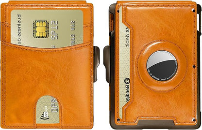 Compatible with Air Tag Wallet for Men, RFID Blocking Slim Minimalist Bifold Wallet with Pop Up Aluminum Card Case, Leather Credit Card Holder with Money Clip & ID Window, Holds 9–12 Cards, (brown)