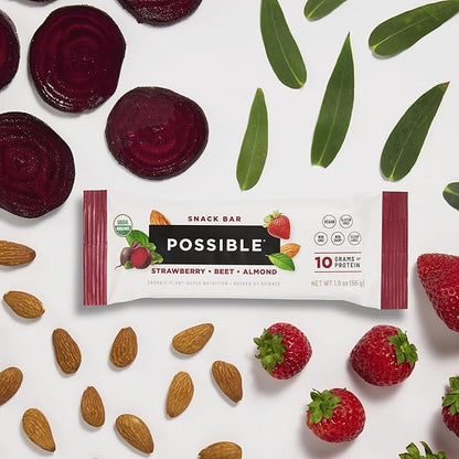 POSSIBLE Snack Bar - Organic Energy Bars with 10g of Plant-Based Protein - Vegan, Gluten-Free, Non-Dairy, USDA Organic - Healthy Fats - Clean Label - 1 Box, 12 Servings - Strawberry Beet Almond