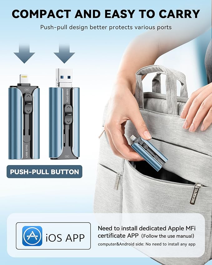 MFi Certified Flash Drive 512GB for iPhone Thumb Drive Photo Stick, High Speed USB Memory Stick iPhone Flash Drive for Photos Videos, External Storage Jump Drive for iPhone/iPad/Android/PC (Blue)