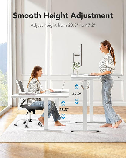 HUANUO 63x40 inch Dual Motor L Shaped Electric Standing Desk with 3 Preset Heights, Electric Height Adjustable Computer Table, 2 Hooks & Cable Tray, Raising Desk for Home Office, White
