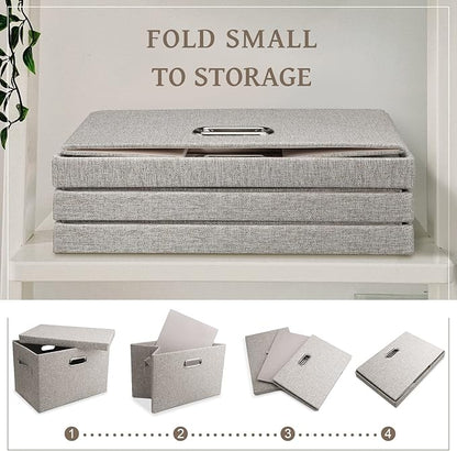 Medium 15" 21 Quart Collapsible Stackable Storage Bins with Lids, 1 Pack Beige Foldable Fabric Closet Storage Boxes with Lids, Heavy-duty Linen Baskets for Bedroom