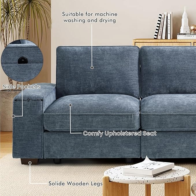 TEKAMON 100" Modular Sectional Sofa with Seats Storage, U Shaped Couch with Movable Ottomans, Chenille Fabric Couch for Living Room,Removable Cover(Blue, 3 Seater & 2 Ottomans- U Shape)