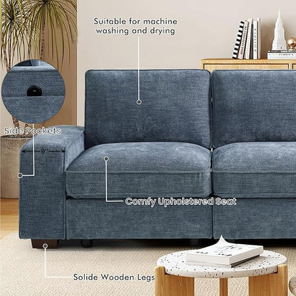 TEKAMON 100" Modular Sectional Sofa with Seats Storage, U Shaped Couch with Movable Ottomans, Chenille Fabric Couch for Living Room,Removable Cover(Blue, 3 Seater & 2 Ottomans- U Shape)