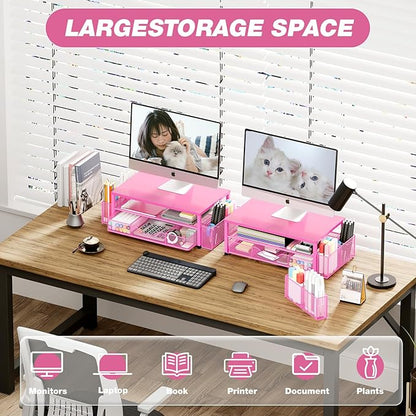 Desk Organizer and Accessories, 2-Tier Computer Monitor Stand with Drawer and 2 Pen Holders, Laptop Stand, Office Desk Accessories for Office Supplies, Carmine Rose