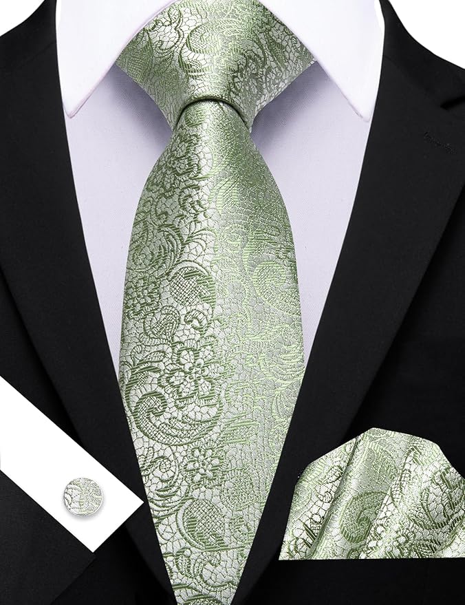 Barry.Wang Tie Sets for Men Silk Solid Necktie Stain Ties Handkerchief Pocket Square Cufflinks Wedding Business Dyed