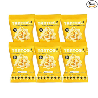 Tantos! Puffed Pasta Chips, Healthy Pasta Snack by Top Chef Joe Sasto, As Seen on Shark Tank, Plant Based, Low Calorie, Crunchy Chips, Variety Pack, Marinara, Pesto, Cacio e Pepe, Classico, Gourmet Bold Flavors, 1 oz 6 Pack, Cacio e Pepe