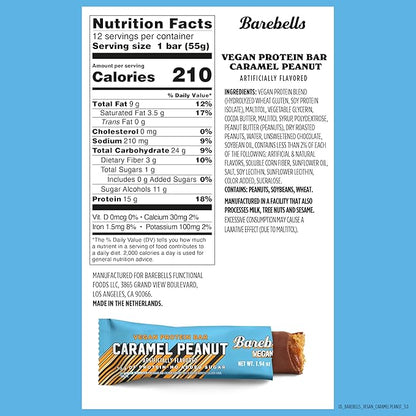 Barebells Plant Based Protein Bars, Peanut Caramel - 12 count, 15g of Plant-Based High Protein Treats - Chocolate Nutrition Bar with 1g Total Sugar - On The Go Breakfast or Post-Workout Snack