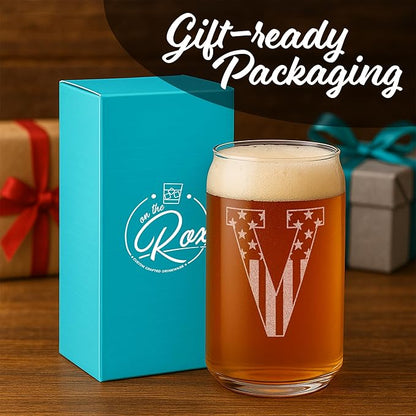 Monogram Beer Glasses for Men (A-Z) 16 oz - Beer Gifts for Men Brother Son Dad Neighbor - Unique Christmas Gifts for Him - Personalized Drinking Gift Beer Glass Mugs - Engraved Beer Can Glass (V)
