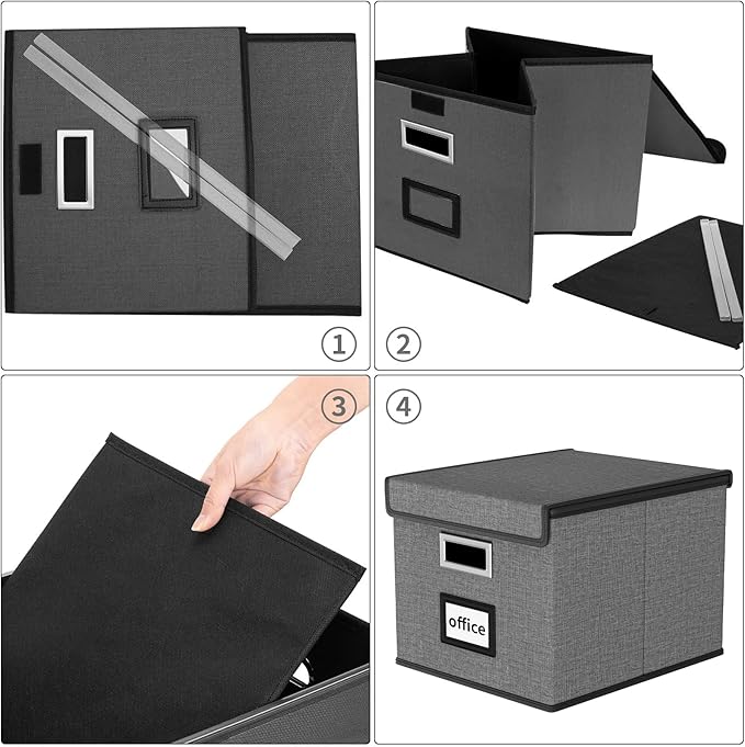 Collapsible File Storage Organizer Boxes with Lids, Linen Office Document Storage Box, Filing Box, Decorative Small File Box for Hanging File, Single File Box with Plastic Slide for Office/Decor/Home