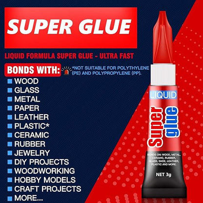 3 Gram (Pack of 48) Single Use Super Glue Liquid, Super Fast, Thin & Strong Adhesive Superglue, Cyanoacrylate Glue for Hard Plastics, DIY Craft, Ceramics, Leather, Metal Etc