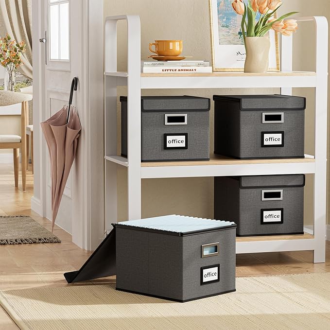Collapsible File Storage Organizer Boxes with Lids, Linen Office Document Storage Box, Filing Box, Decorative Small File Box for Hanging File, Single File Box with Plastic Slide for Office/Decor/Home