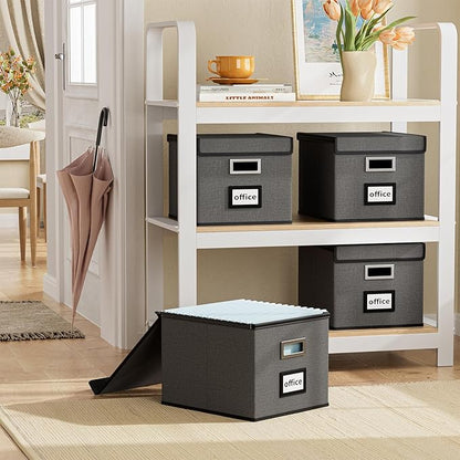Collapsible File Storage Organizer Boxes with Lids, Linen Office Document Storage Box, Filing Box, Decorative Small File Box for Hanging File, Single File Box with Plastic Slide for Office/Decor/Home