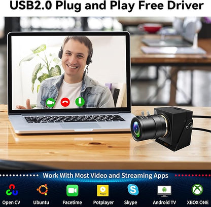 5Megapixels USB Camera CS Mount Manual Focus Webcam with 2.8-12mm 4X Telephoto Optical Lens 1944P 30fps Color Sensor Industrial Camera Free Driver Plug and Play for Window Linux Mac