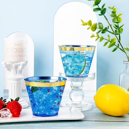 Nervure 240 PCS Blue Plastic Cups - 9Oz Gold Rimmed Plastic Cups - Heavy Duty Disposable Blue Cup with Gold Rim Perfect for Weddings, Receptions & Parties