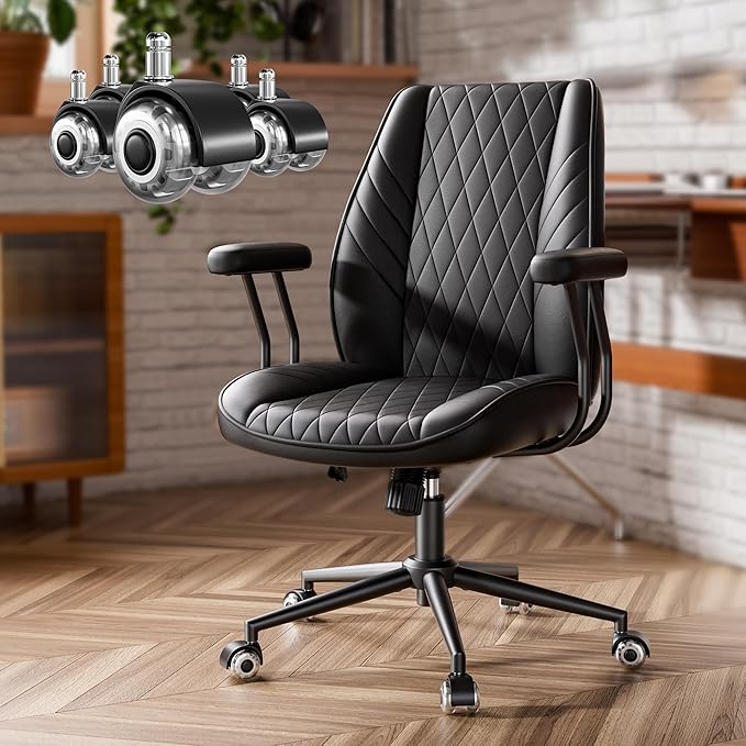 Black Leather Office Desk Chair with Wheels, Quiet Casters, Height Adjustable, Padded Arms, Vintage Mid Century Office Chair, Retro Style Desk Chair