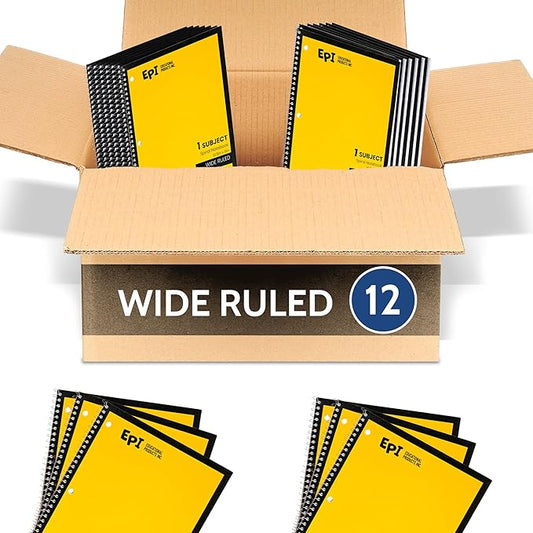 EPI Spiral Notebook | Wide - 70 Sheets, Durable Spiral Binding | 10.5 x 8 in | Classroom Supplies | School, Office, Note Taking, Journaling - 12 Pack