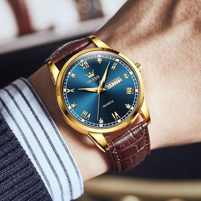 Men's Casual Leather Watch, Easy to Read Three-Hand Analog Stainless Steel Watches for Men, Minimalist Day Date Waterproof Luminous Mens Quartz Wristwatch