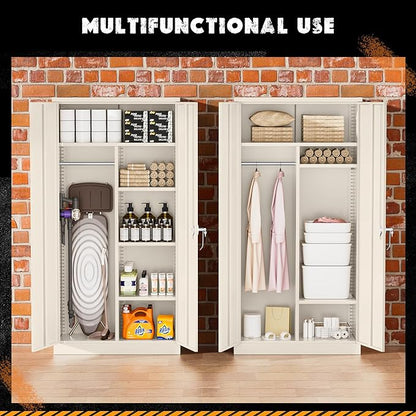 Greenvelly Metal Storage Cabinet with 2 Doors, Grey 72” Steel Storage Wardrobe Cabinet, Employees Locker Closet Clothing Coat Steel Wardrobe Cabinet with Hanging Rod for Garage, Gym, Home Office