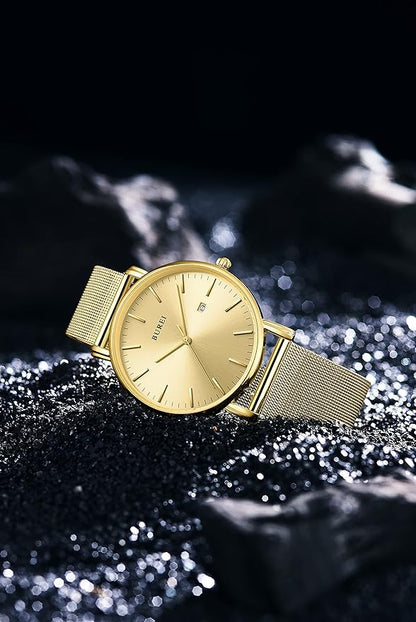 BUREI Men Watches Brown Leather Fashion Minimalist Wrist Watch Simple Ultra Thin Waterproof Quartz Watches All Black Stainless Steel Mesh Band,Gift for Men Women