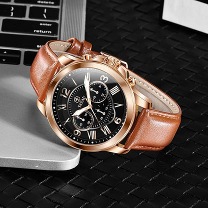 Mens Watches Luxury Dress Waterproof Leather Watch with Date Day Analog Quartz Large Number Wrist Watch Casual Classic Luminous Scales Big Face Easy Read Reloj para Hombre