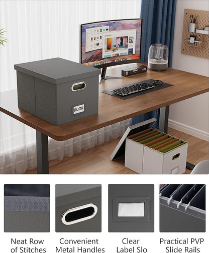 Oterri File Organizer Box with Lid, Portable Hanging File Box for Office/Decor/Home, 1 Pack, Gray (Leather)
