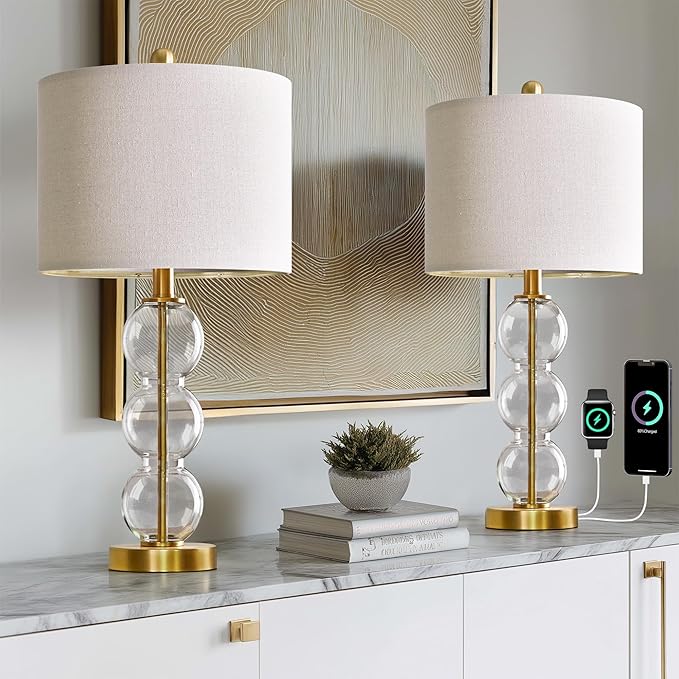 Oneach 24" Glass Table Lamps Set of 2, Gold Modern Table Lamps with USB Ports for Living Room, Linen Shade Bedside Lamps for Bedroom, Nightstand, Side Table (Bulbs not Included)