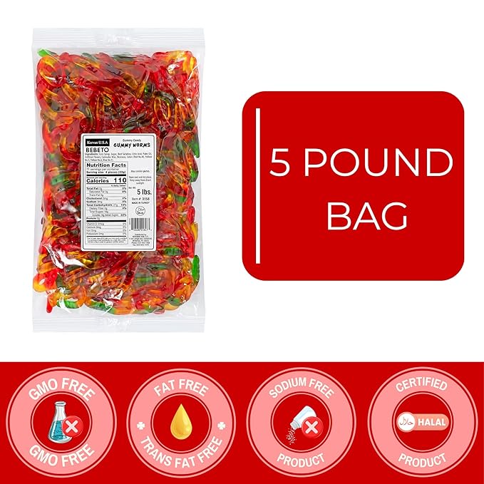 Kervan Candy Bebeto Gummy Worms - Fruity, Soft & Sweet Gummy Candy Bulk for Kids, Gift Snacks and Parties - Classic Worms Gummies Big Party Size Bag (5 lbs)