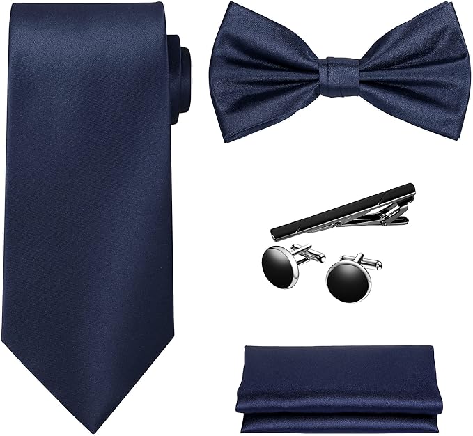 TIE G 5pcs Tie Set in WHITE OR BLACK GIFT BOX: Solid Color Necktie, Satin Bow Tie, Pocket Square, Lapel, Cuff Links