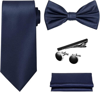 TIE G 5pcs Tie Set in WHITE OR BLACK GIFT BOX: Solid Color Necktie, Satin Bow Tie, Pocket Square, Lapel, Cuff Links