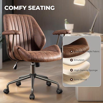 Home Office Desk Chair Adjustable Height, Ergonomic Executive Office Chair with Armrests, Rolling Comfy Desk Chair with Lumbar Support, Mid Century Modern, Dark Brown