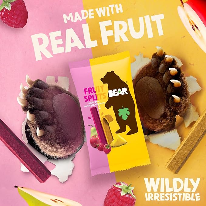 BEAR Real Fruit Snack Splits - Gluten Free, Vegan, and Non-GMO - Raspberry and Pineapple – Healthy School And Lunch Snacks For Kids And Adults, 0.7 Ounce (Pack of 18)
