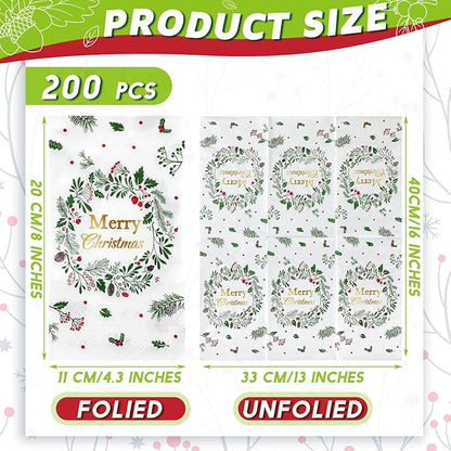 Karenhi 200 Pcs Merry Christmas Guest Napkins Holly Berry Disposable Hand Towel for Bathroom 2 Ply Xmas Decorative Napkin Bathroom Paper Hand Towels Christmas Party Decor for Winter Party Holiday