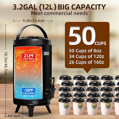Insulated Beverage Dispenser - Thermal Hot and Cold Tea Dispenser - Stainless Steel 12L/3.2Gal with Spigot for Hot Coffee & Tea, Cold Milk & Juice - Black