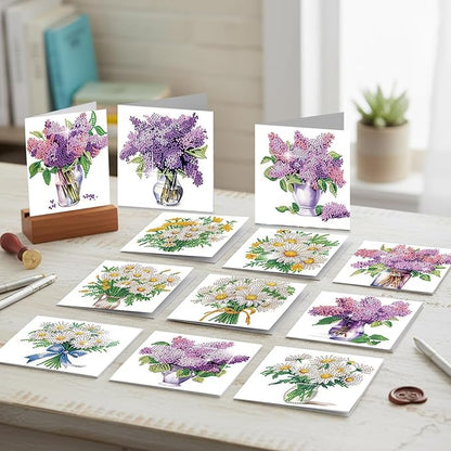 jinglinhh 12pcs Diamond Art Painting Lavender Daisy Flower Bouquet Greeting Cards with Envelopes, DIY Card Making Kits for Adults, Diamond Art Postcards Christmas Cards Craft Gifts