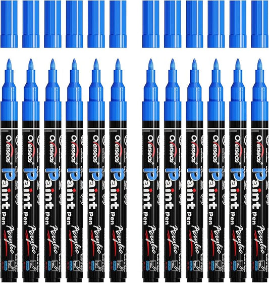 Overseas Paint Markers Pens - Blue Permanent Markers Acrylic Paint Pens 12 Pack, Water Based, Waterproof, 0.7mm Extra Fine Tip Acrylic Marker for Wood, Metal, Rock, Plastic, Glass, Canvas, Fabric