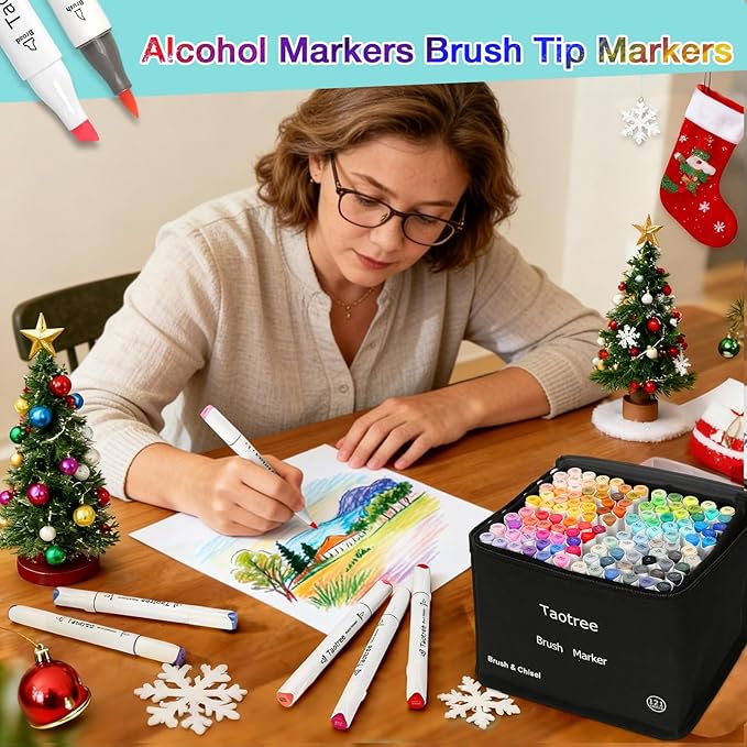 Taotree Alcohol Markers Brush Tip, 121 Colors Brush Markers Dual Tip Coloring Pens, Brush & Fine Tip Sketch Illustration Drawing Art Supplies Gift for Artist Coloring Book Painting, Sketching