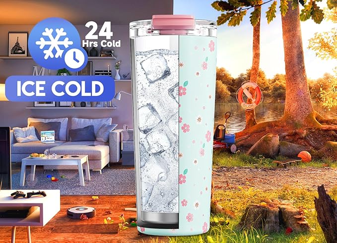 Meoky 24 oz Travel Coffee Mug with Leak-proof Lid, Stainless Steel Insulated Coffee Tumbler, Keeps Hot for 8 Hours or Cold for 24 Hours, Fits in Car Cup Holder (Mint Petal)
