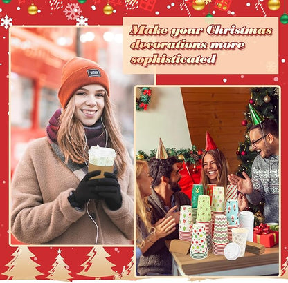 Tioncy 300 PCS/100 Set 16oz Christmas Paper Cups Christmas with Lids and Sleeves Disposable Coffee Cup Hot Chocolate Cocoa Cup Tea Coffee Paper Cups for Party Holidays Hot Cold Drinks(Stylish Style)