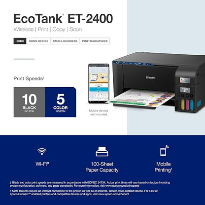 Epson EcoTank ET-2400 Wireless Color All-in-One Cartridge-Free Supertank Printer with Scan and Copy – Easy, Everyday Home Printing, Black
