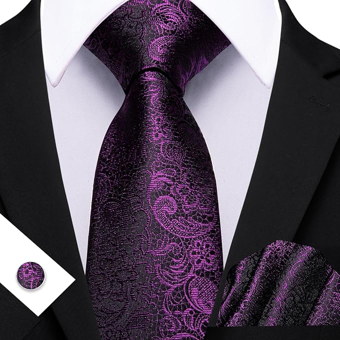 Barry.Wang Tie Sets for Men Silk Solid Necktie Stain Ties Handkerchief Pocket Square Cufflinks Wedding Business Dyed