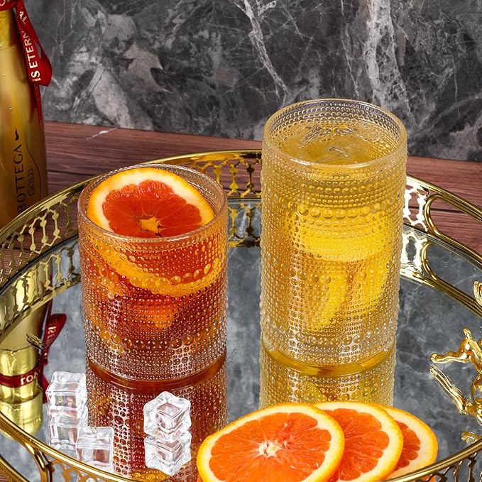 Moretoes Hobnail Drinking Glasses Set of 6, 12 Oz Highball Glasses & 10 Oz Cocktail Glasses, Clear Embossed Boho Glass Cups Kitchen Bar Tumbler Glassware Set for Whiskey, Beer, Juice, Milk (Clear)