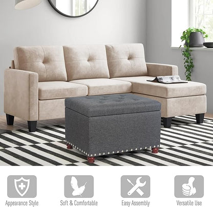 Adeco 24" Rectangular Fabric Storage Ottoman, Button Tufted Accents Linen Bench with Storage, Rivet Footstool with Wooden Legs and Safety Close Hinge for Living Room Bedroom Entryway